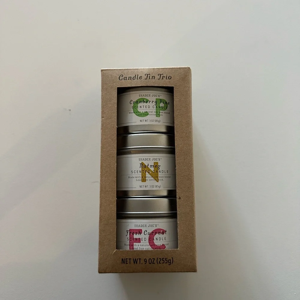 [NEW/SEALED] Trader Joe’s CANDLE TIN TRIO [Cranberry Pine/Fresh Currant/Nutmeg]